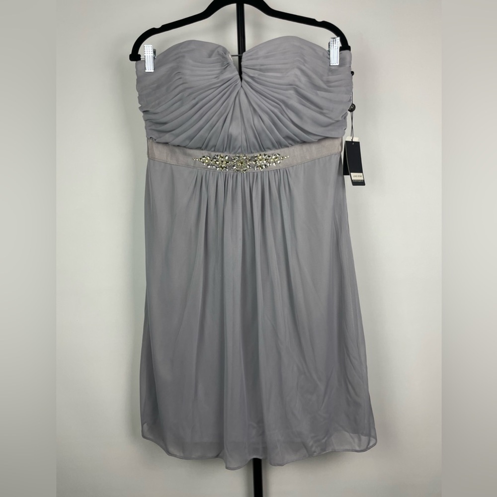 Adrianna Papell Gray Jeweled Waistband Strapless Flowy Chiffon Mini Dress